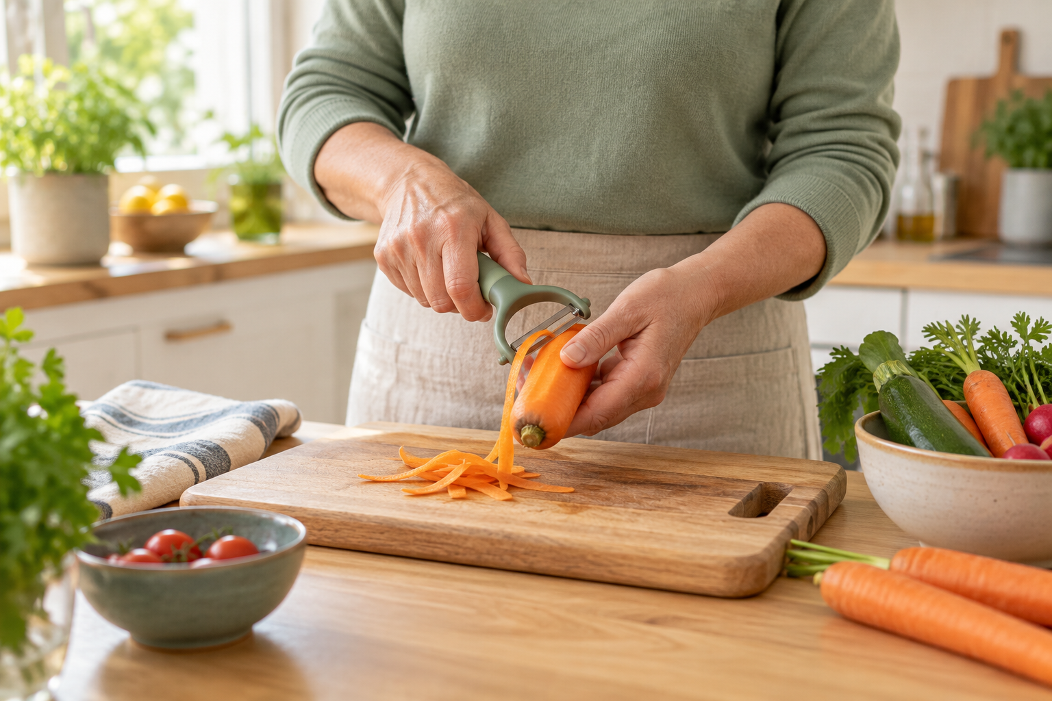 Un adulte prépare un repas en épluchant une carotte dans une cuisine lumineuse.
