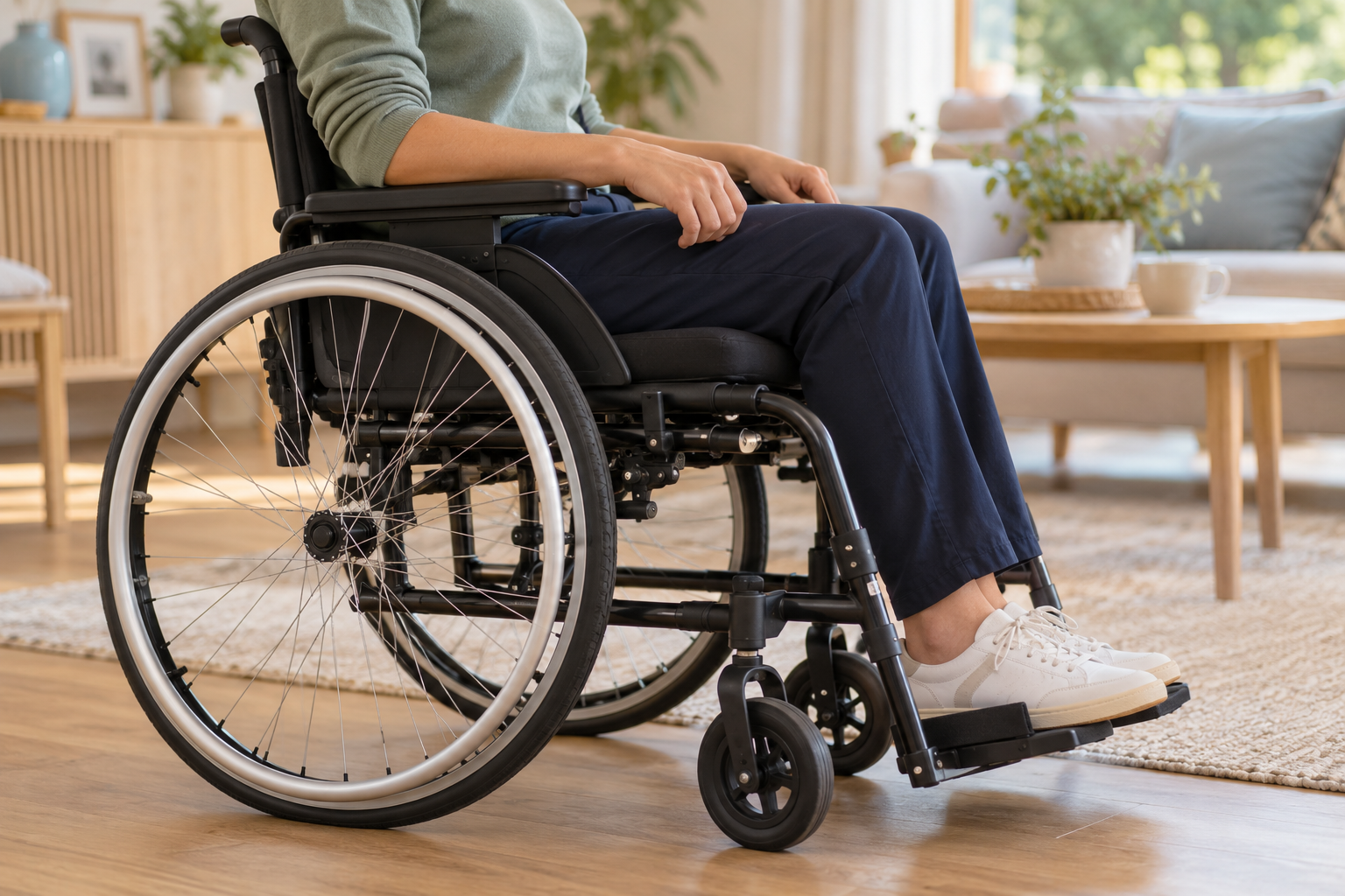 Vue rapprochée d’une personne installée dans un fauteuil roulant, montrant l’assise, les accoudoirs et les repose-pieds.