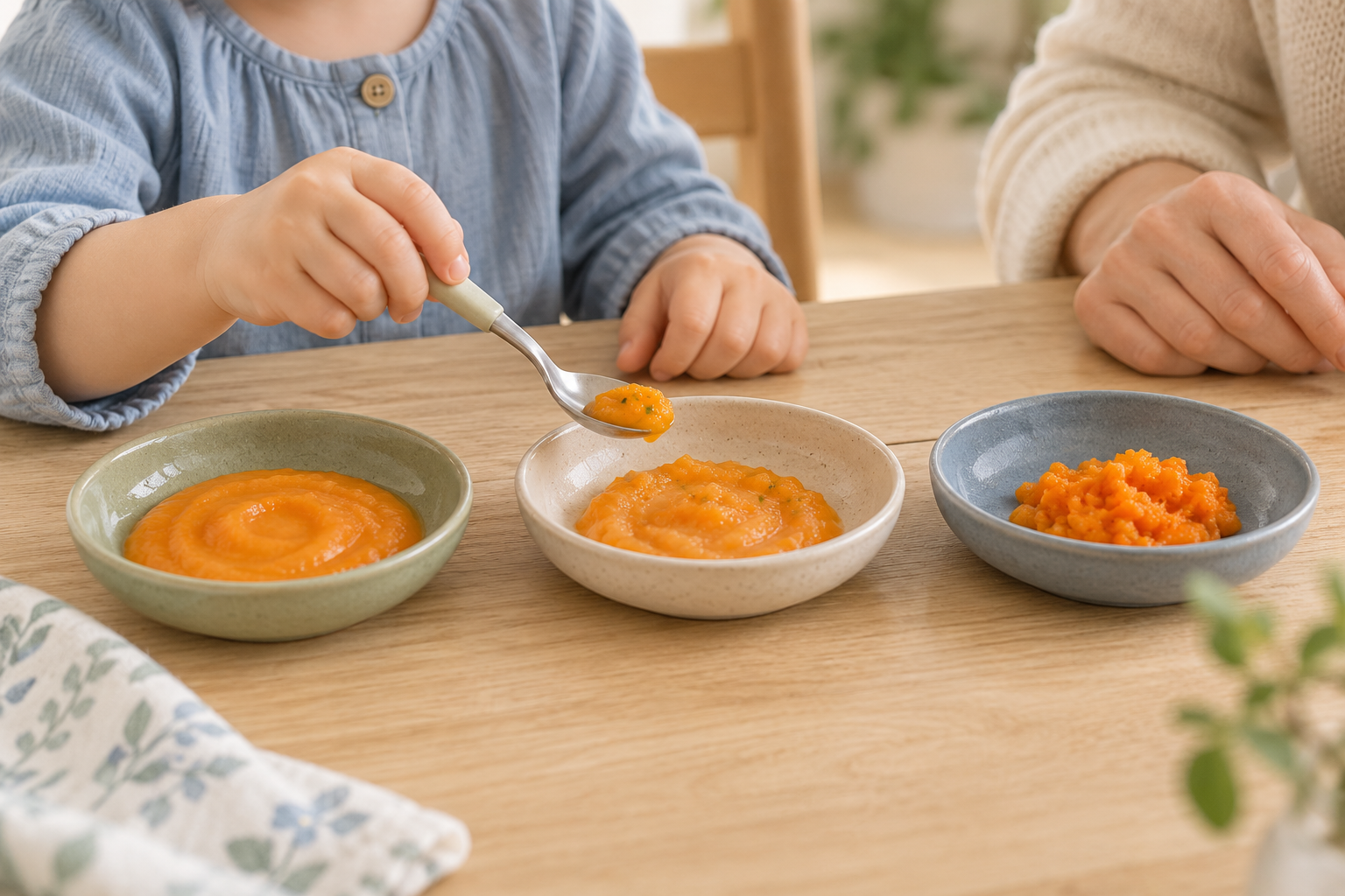 Illustration de différentes textures de carotte présentées dans de petites coupelles.