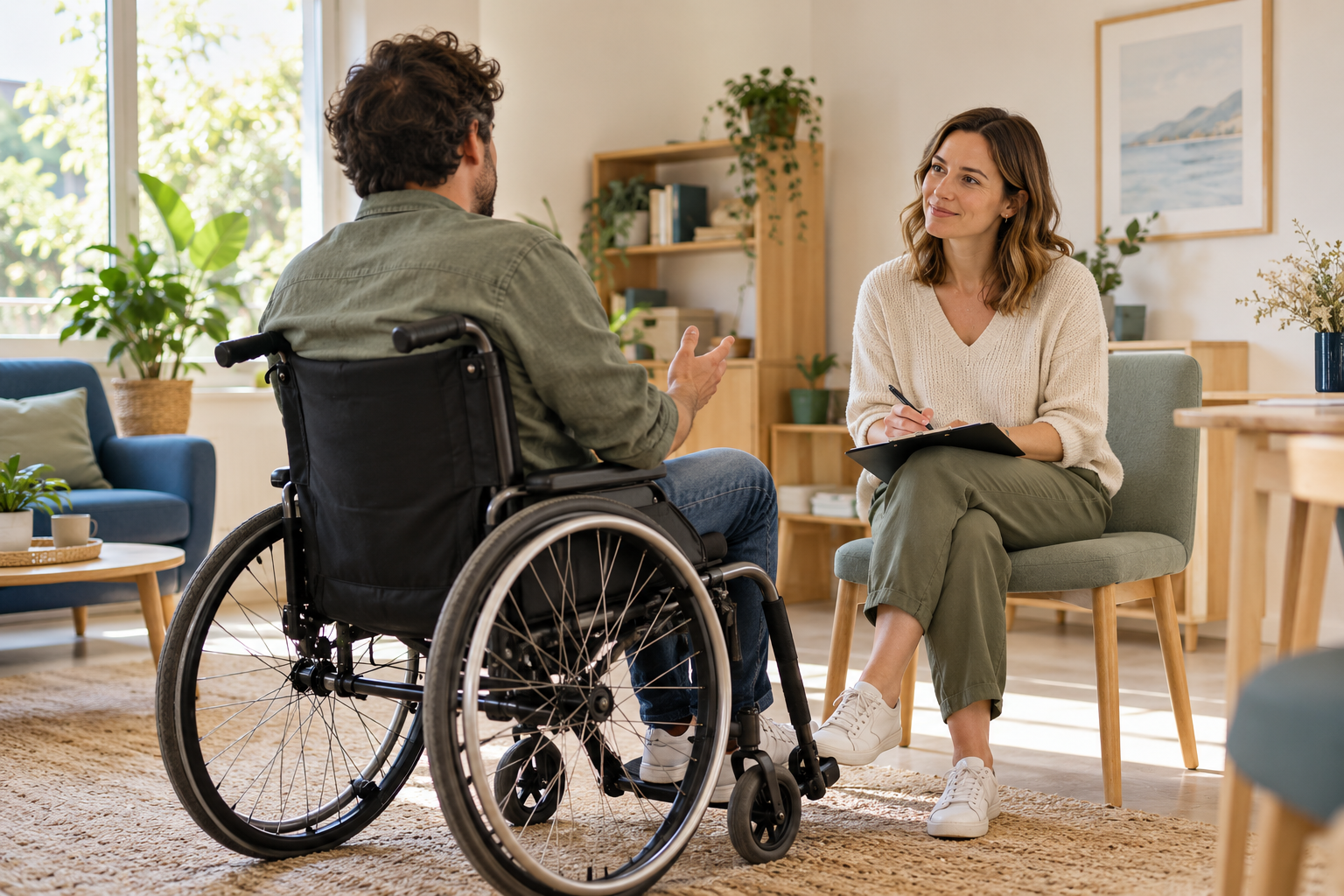 Une personne en fauteuil roulant échange avec une professionnelle assise face à elle dans un cadre lumineux.