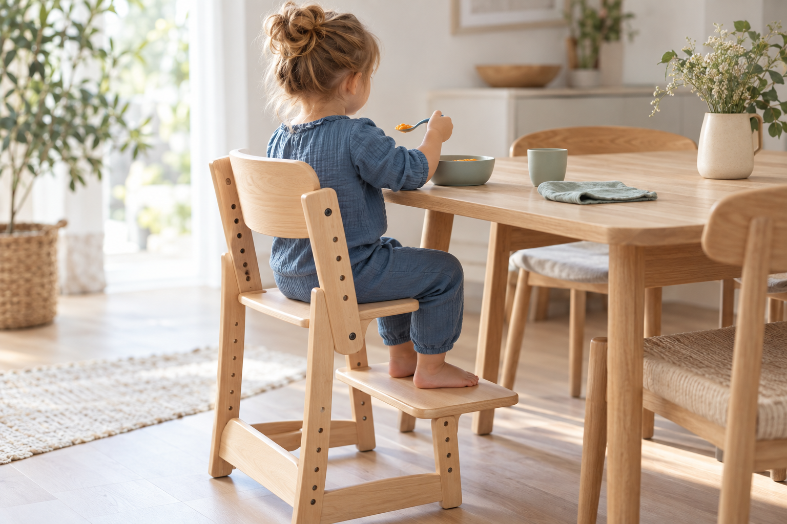 Un enfant utilise une cuillère à table, installé sur une chaise avec un appui pour les pieds.