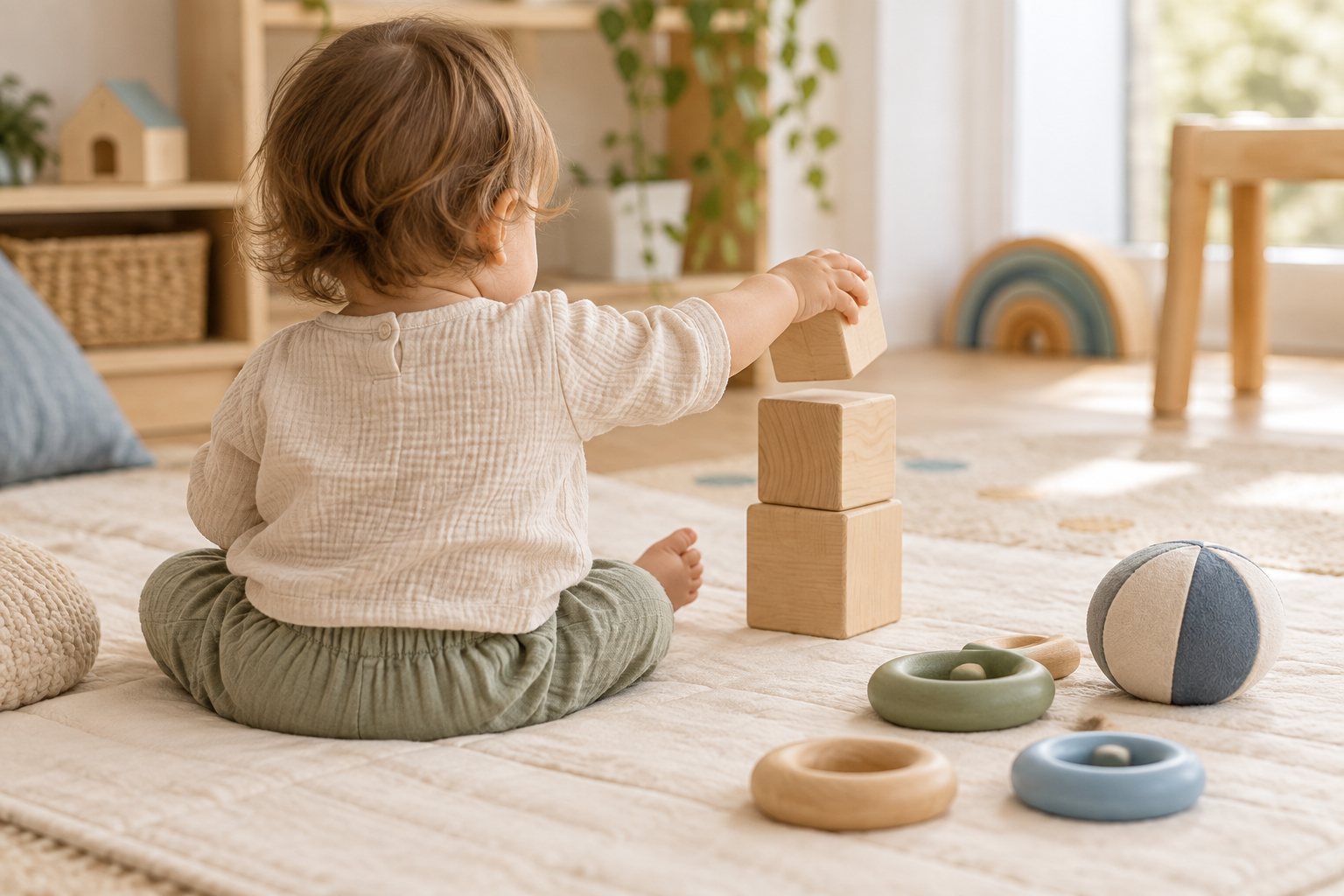 Un jeune enfant assis sur un tapis empile des cubes en bois.