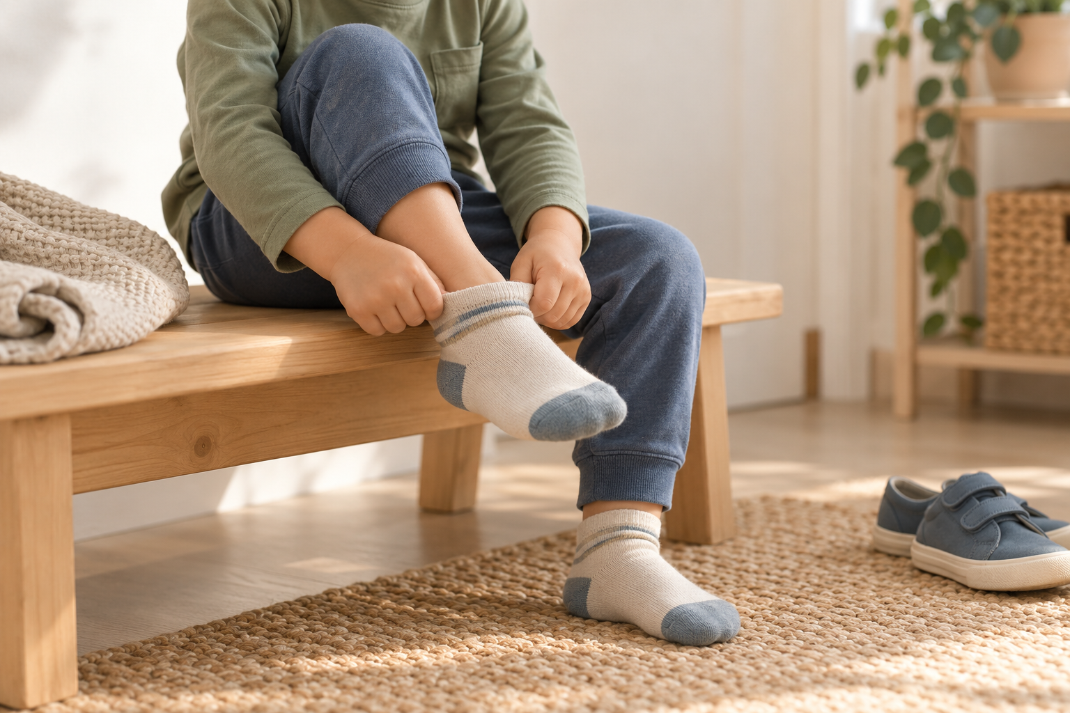 Un enfant assis sur un banc enfile une chaussette avec ses deux mains.