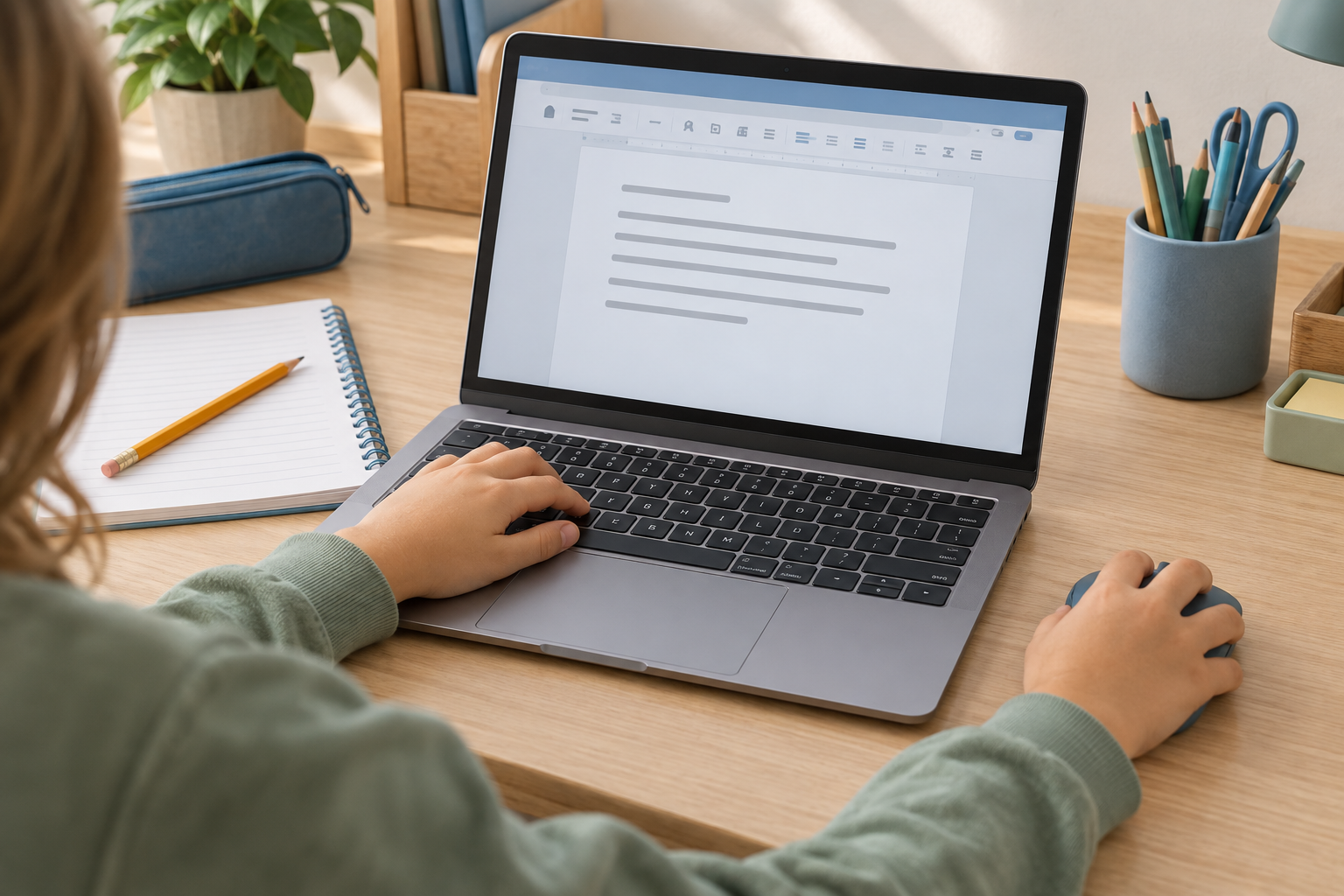 Un enfant utilise le clavier et la souris d’un ordinateur portable pour son travail scolaire.