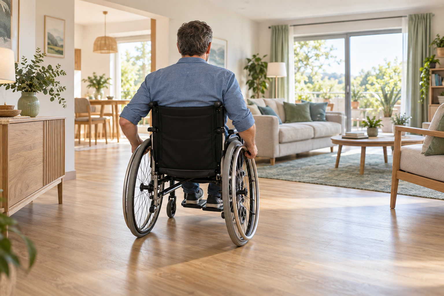 Illustration de l’utilisation d’un fauteuil roulant dans un salon accessible.