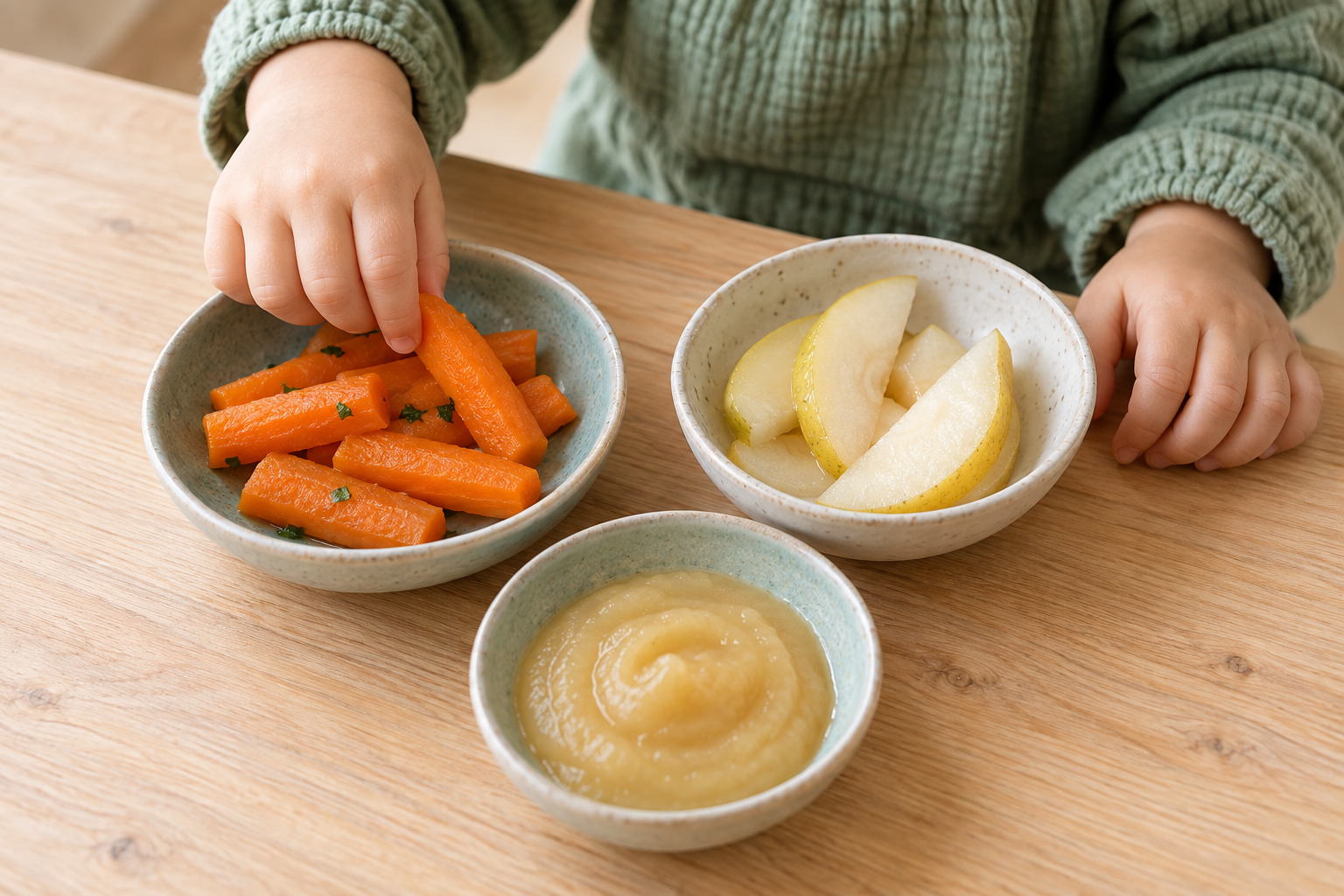 Des mains d’enfant explorent différents aliments disposés dans de petites coupelles.
