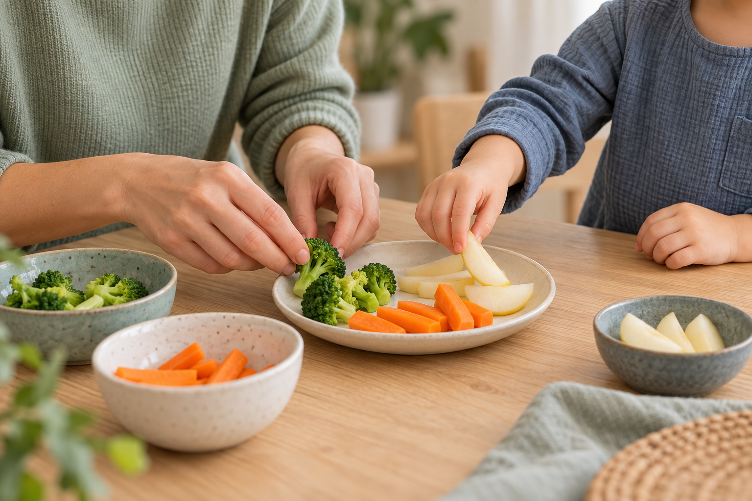 Un parent et son enfant préparent ensemble une assiette d’aliments.