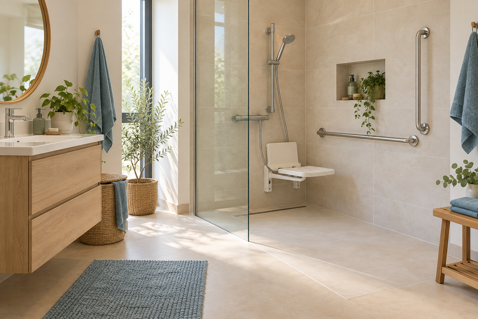 Une salle de bains aménagée avec une douche de plain-pied, un siège mural et des barres d’appui.